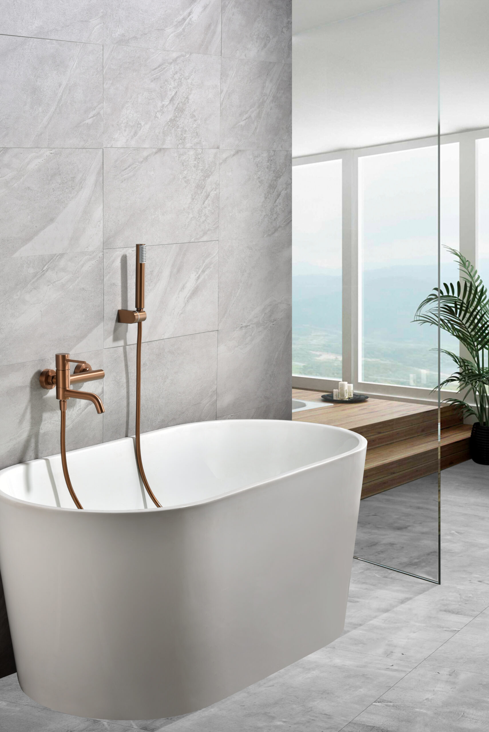 Grifería baño y ducha monomando oro rosa cepillado serie Monza